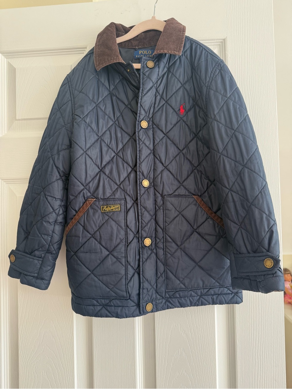 Polo by Ralph Lauren Navy Quilted Puffer Jacket with Brown Corduroy Collar